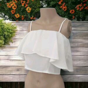 Y2K Ruffled Crop Top Cami Vanilla White Adjustable Spaghetti Straps Zipper Back.